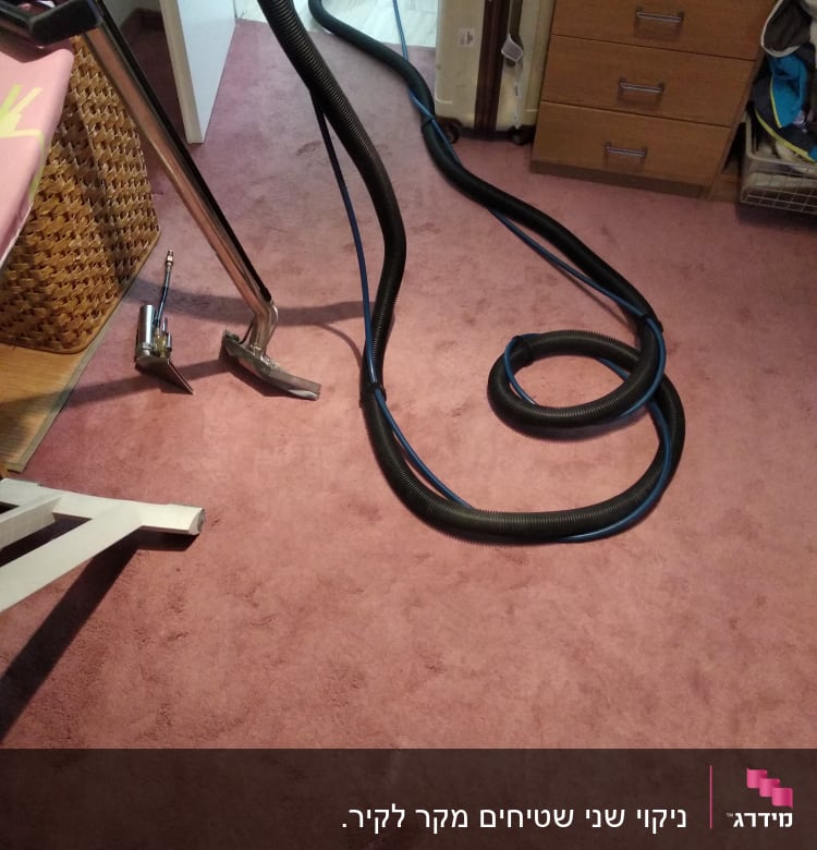 שואב אבק עם צינור על שטיח ורוד